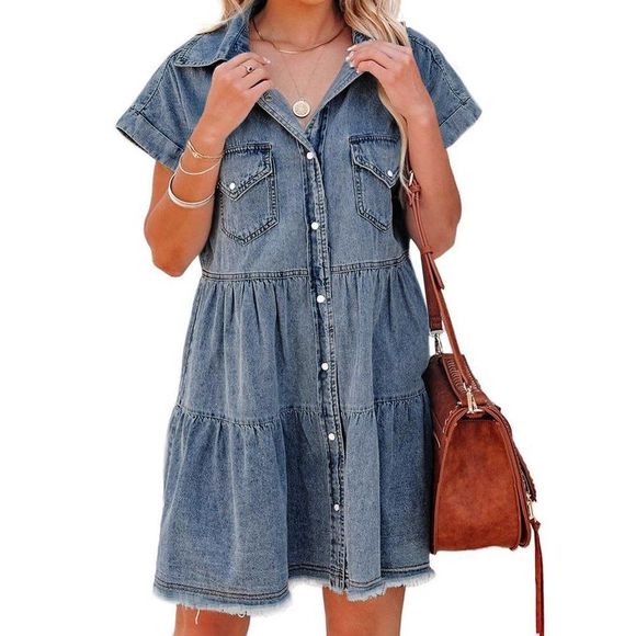 Dresses & Skirts - Frayed Hem Short Sleeve Denim Dress